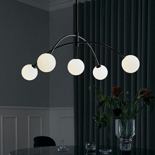Modern Black Arc Shaped Suspension Lamp: 5-Head Glass Chandelier For Dining Room