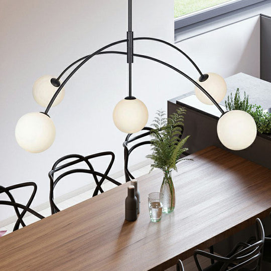 Modern Black Arc-Shaped Suspension Lamp with 5 Head Milky Ball Glass Chandelier - Dining Room Lighting