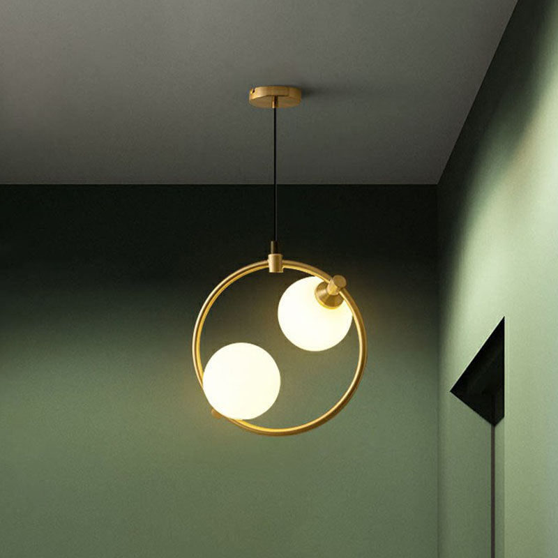 Opal Glass 2-Bulb Chandelier: Simple Style Gold Ceiling Light For Dining Room With Ring Deco
