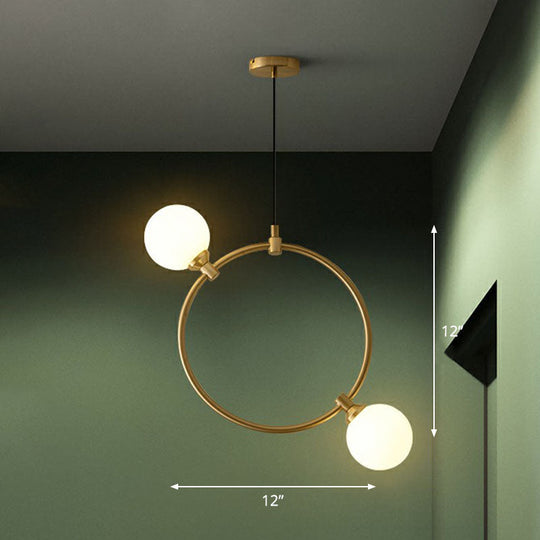 Opal Glass 2-Bulb Chandelier: Simple Style Gold Ceiling Light For Dining Room With Ring Deco / Large