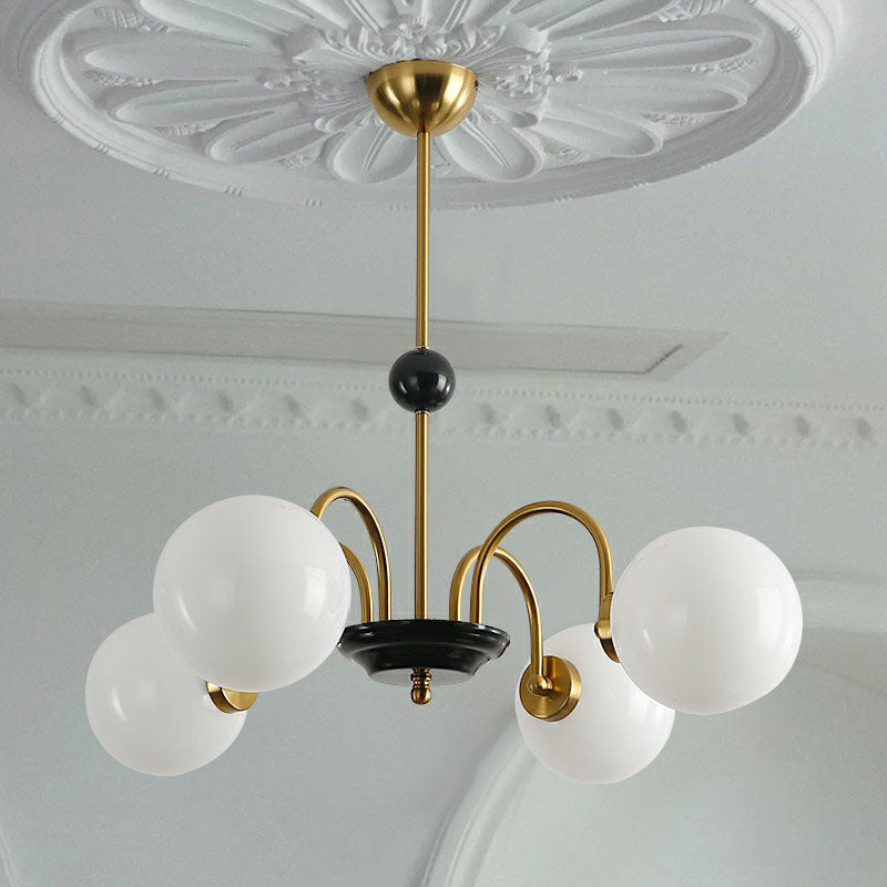Ivory Glass Ball Chandelier - Elegant Postmodern Black And Brass Hanging Lighting For Dining Room