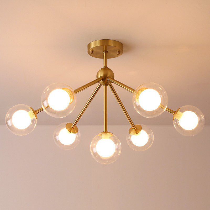Minimalist Gold Metal Chandelier With Dual Ball Glass Shades - Ideal Ceiling Light For Dining Room