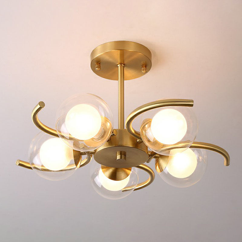 Postmodern Metallic Ceiling Lamp With Antiqued Gold Swirls Clear & White Glass Shade 5 /