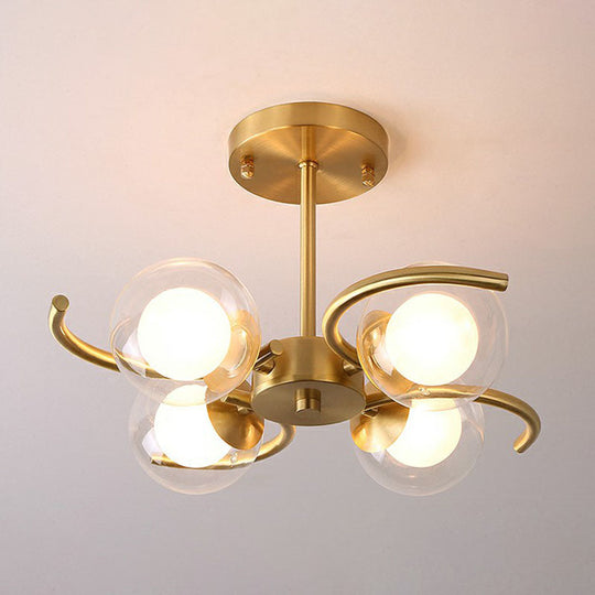 Postmodern Metallic Ceiling Lamp With Antiqued Gold Swirls Clear & White Glass Shade 4 /