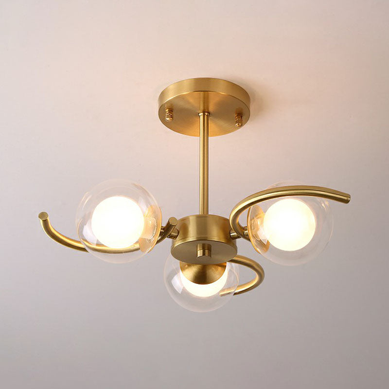 Postmodern Metallic Ceiling Lamp With Antiqued Gold Swirls Clear & White Glass Shade 3 /