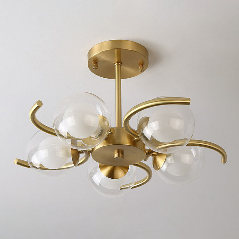 Postmodern Metallic Ceiling Lamp With Antiqued Gold Swirls Clear & White Glass Shade
