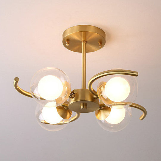 Postmodern Metallic Ceiling Lamp With Antiqued Gold Swirls Clear & White Glass Shade