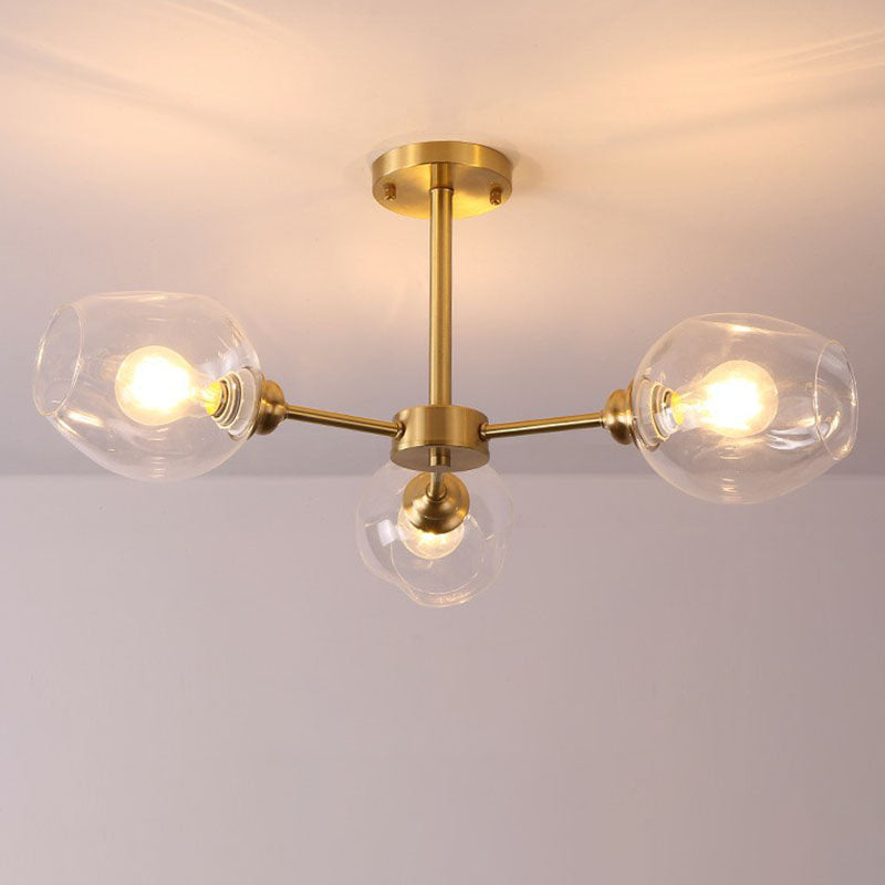 Sputnik Ceiling Mount Chandelier: Postmodern Cup Glass Parlor Flush Light In Brass 3 / Clear