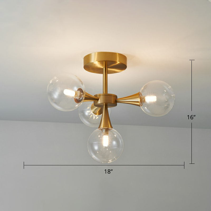 Postmodern Ball Glass Semi Flush Mount Ceiling Light With Brass Finish 4 / Clear