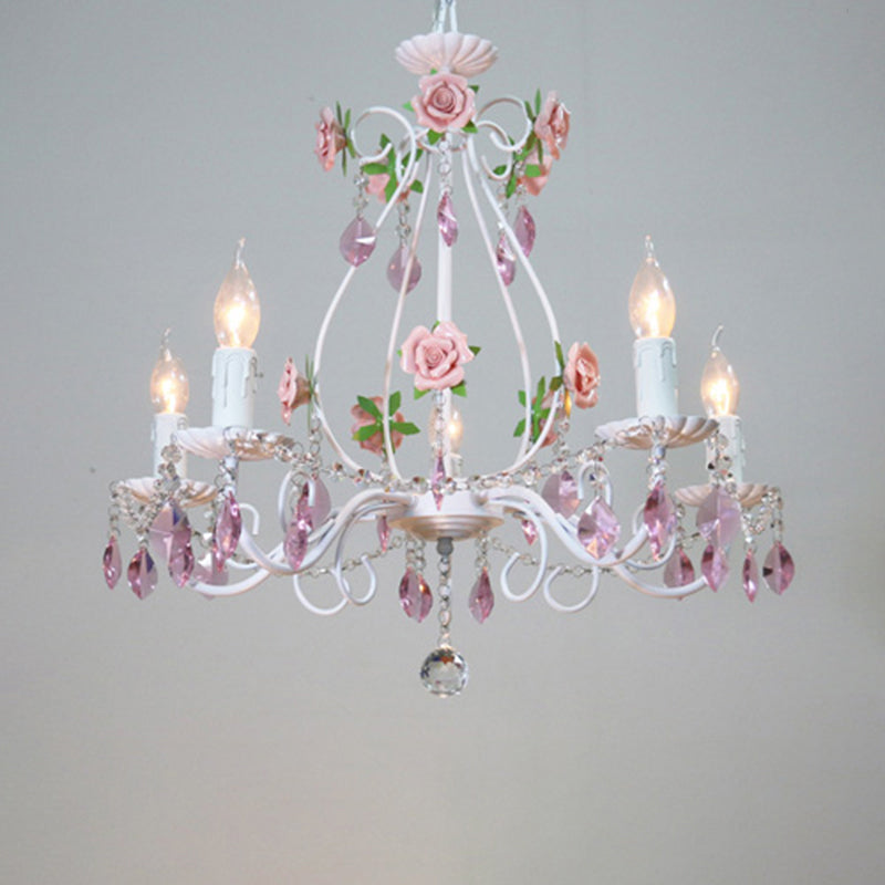 Romantic White Candlestick Chandelier With Pink Rose & Crystal Accents - Ceiling Light For Bedroom