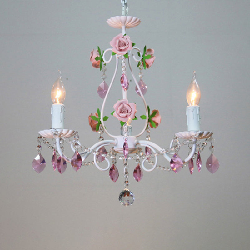 Romantic White Candlestick Chandelier With Pink Rose & Crystal Accents - Ceiling Light For Bedroom 3
