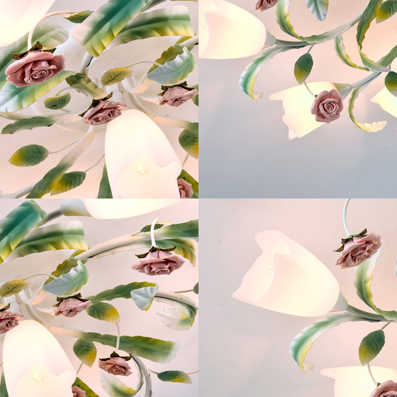 Pastoral Frost Glass Floral Ceiling Mount Chandelier: White Semi Flush Lighting For Bedroom