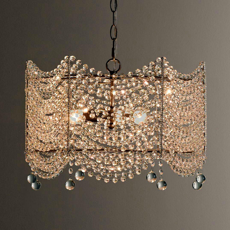 Vintage Scallop Suspension Chandelier With Crystal Beads - Silver Finish 3 Bulbs