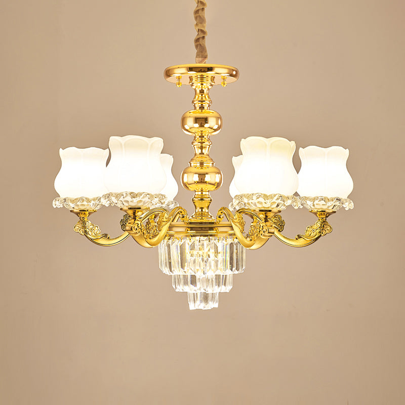 Traditional Opal Glass Gold Chandelier With Crystal Deco - Flower Restaurant Hanging Light Fixture 6