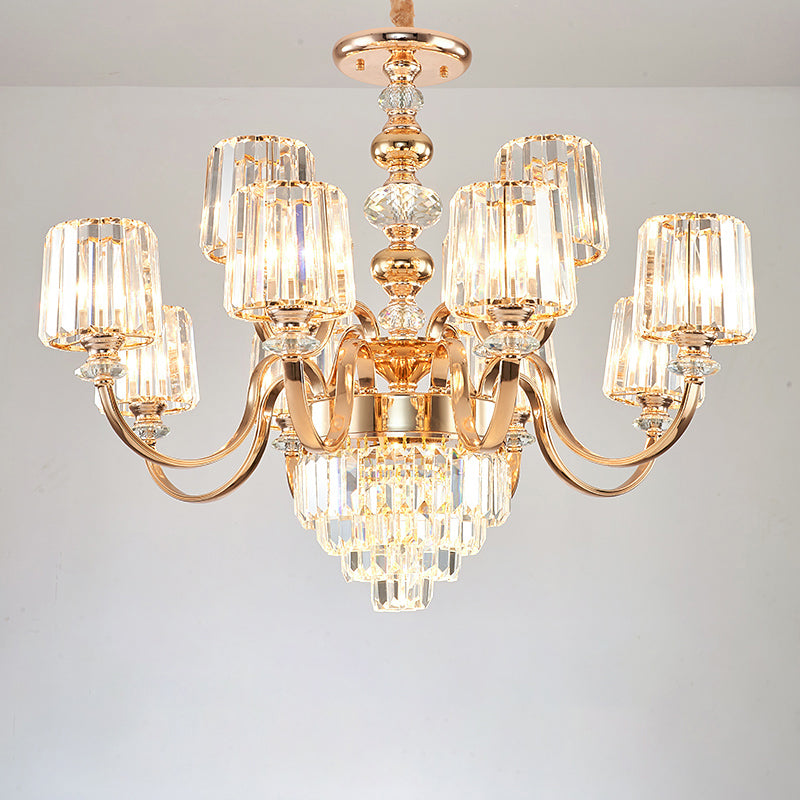 Transitional Rose Gold Pendant Light With Crystal Block Chandelier