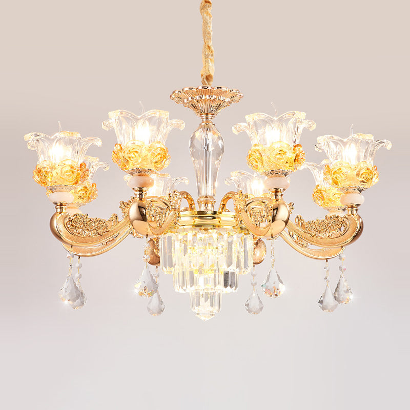 Blossom Crystal Glass Chandelier - Antique Style Ceiling Hang Light In Gold For Bedroom