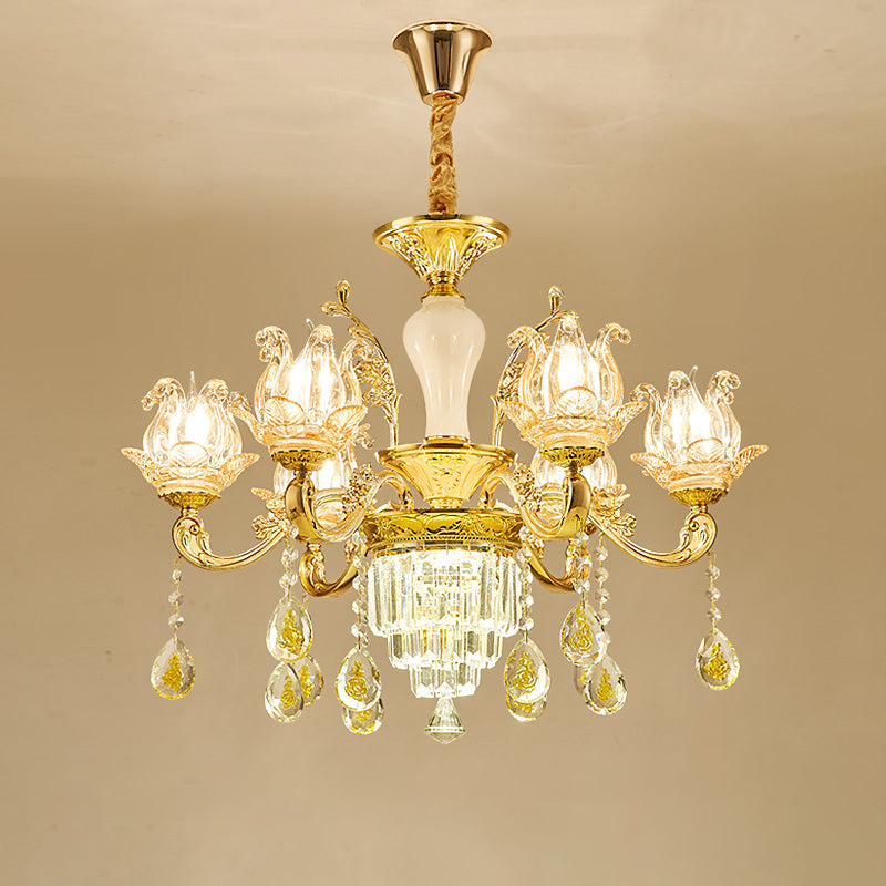 Lotus Shaped Glass Hanging Lamp: Traditional Bedroom Chandelier With Crystal Accents In Gold