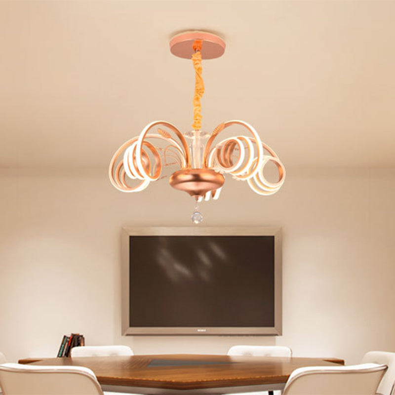 Modernist Curved Rose Gold Chandelier - Acrylic Led Hanging Lamp For Living Room White Light