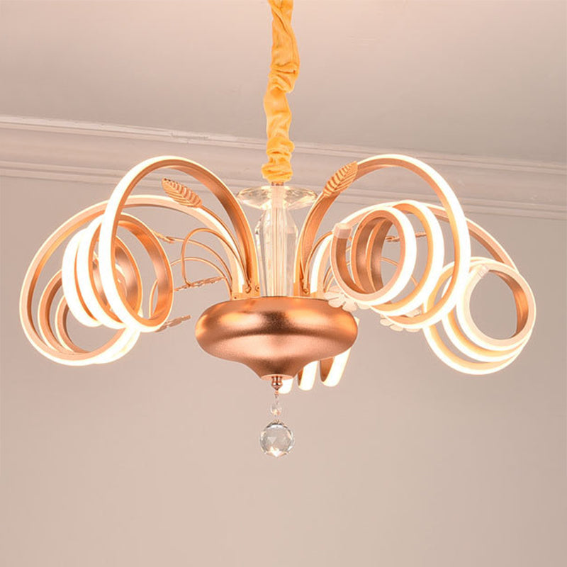 Modernist Curved Rose Gold Chandelier - Acrylic Led Hanging Lamp For Living Room White Light