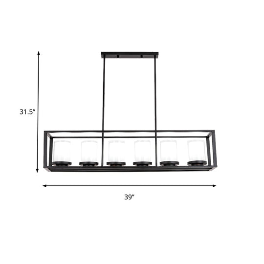 Traditional Cylinder Glass Island Light With Black Rectangle Frame - 3/6 Lights Dining Room Hanging