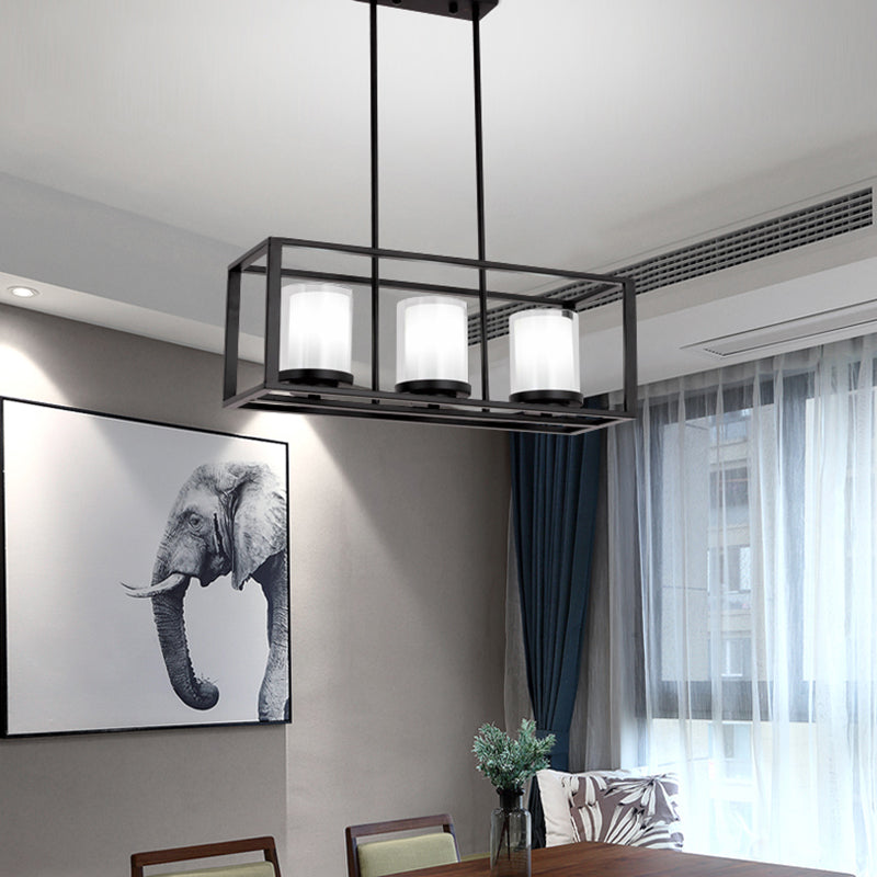 Traditional Cylinder Glass Island Light With Black Rectangle Frame - 3/6 Lights Dining Room Hanging