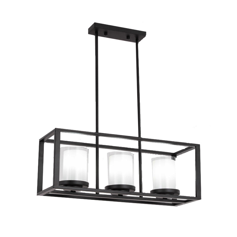 Traditional Cylinder Glass Island Light With Black Rectangle Frame - 3/6 Lights Dining Room Hanging