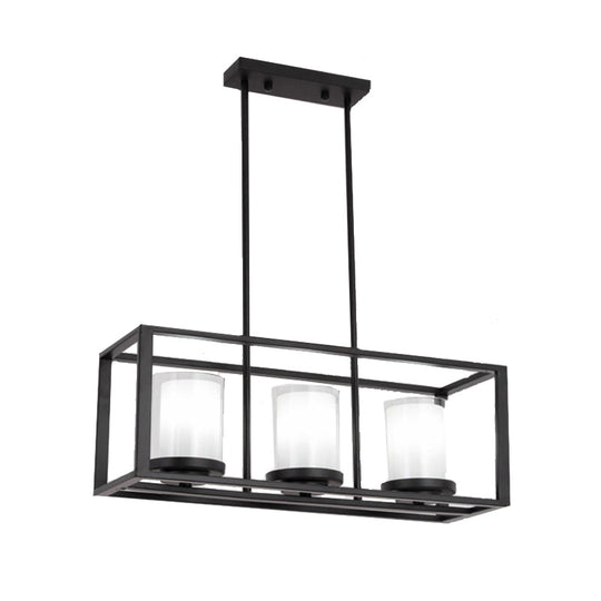 Traditional Cylinder Glass Island Light With Black Rectangle Frame - 3/6 Lights Dining Room Hanging