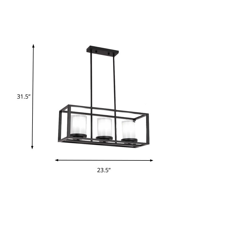 Traditional Cylinder Glass Island Light With Black Rectangle Frame - 3/6 Lights Dining Room Hanging