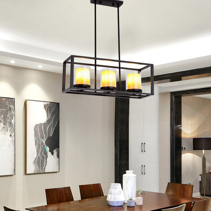 Vintage Glass Cylinder Pendant Light With Black Frame - Island Dining Room Lighting (3/5/6 Lights) 3