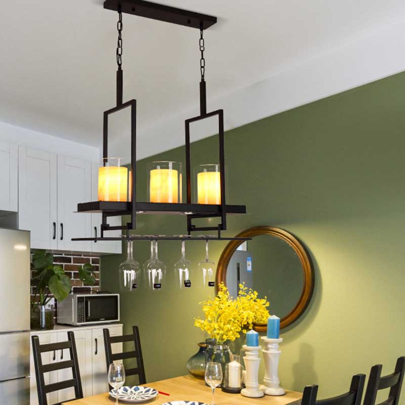 Traditional Cylinder Glass Island Light With Inner Yellow Marble Shade - 3/5 Lights Dining Room