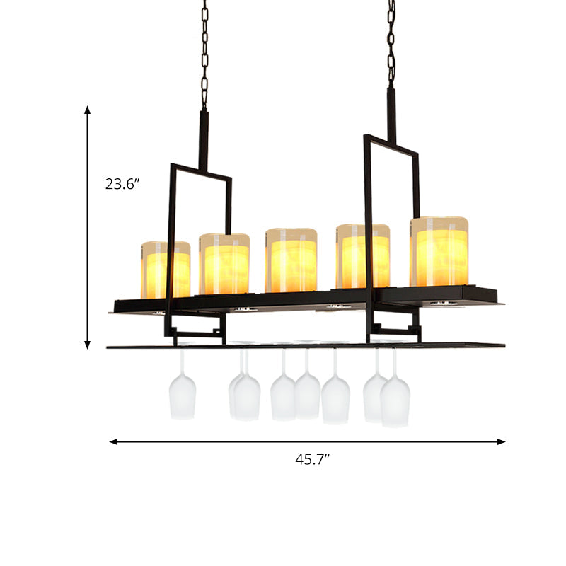 Traditional Cylinder Glass Island Light With Inner Yellow Marble Shade - 3/5 Lights Dining Room