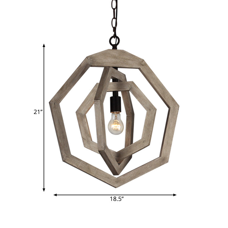 Heptagon Grey/White/Beige Wood Frame Pendant Lamp: Industrial Style Hallway Hanging Kit