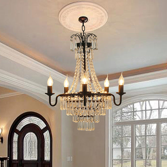 Crystal Empire Chandelier 5-Light Country Black Pendant Lighting With Exposed Bulbs For Living Room