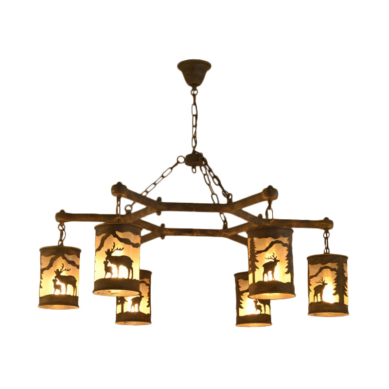 Rustic Metal And Fabric Chandelier Light With 3/6/9 Cylinder Lights Brown Pendant Lighting For