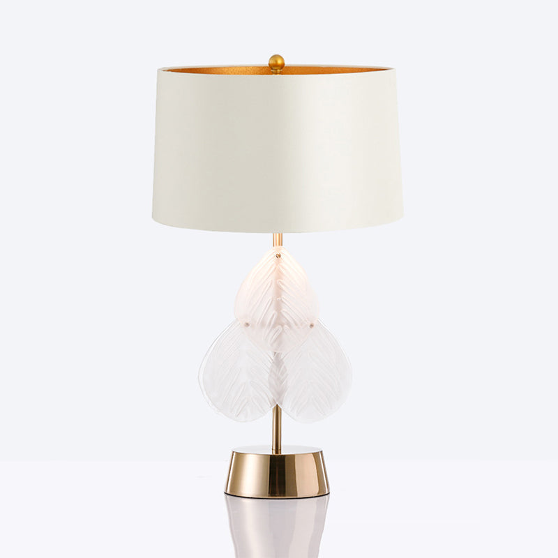 Vintage Drum Glass Table Lamp - White/Gold Finish With Crystal Leaf Decoration 1-Light Bedside