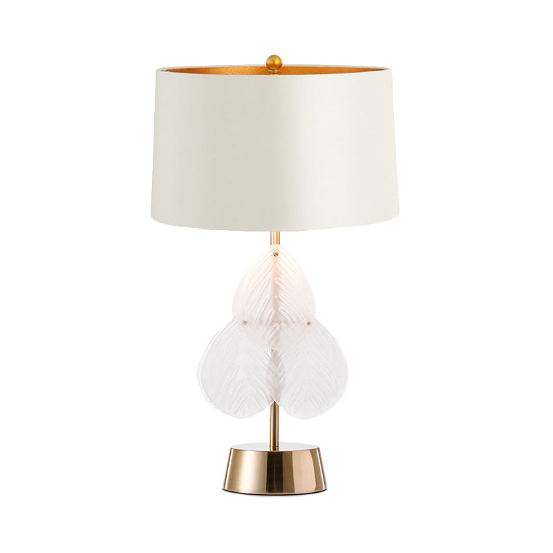 Vintage Drum Glass Table Lamp - White/Gold Finish With Crystal Leaf Decoration 1-Light Bedside