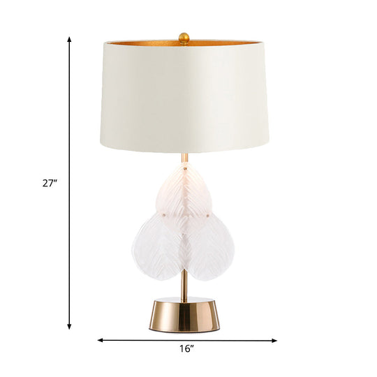 Vintage Drum Glass Table Lamp - White/Gold Finish With Crystal Leaf Decoration 1-Light Bedside