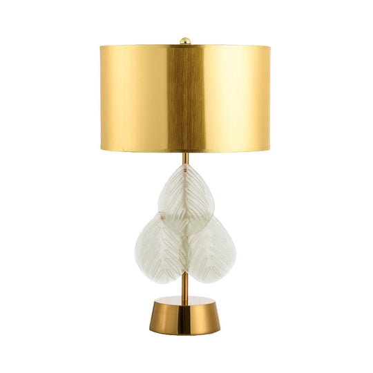 Vintage Drum Glass Table Lamp - White/Gold Finish With Crystal Leaf Decoration 1-Light Bedside