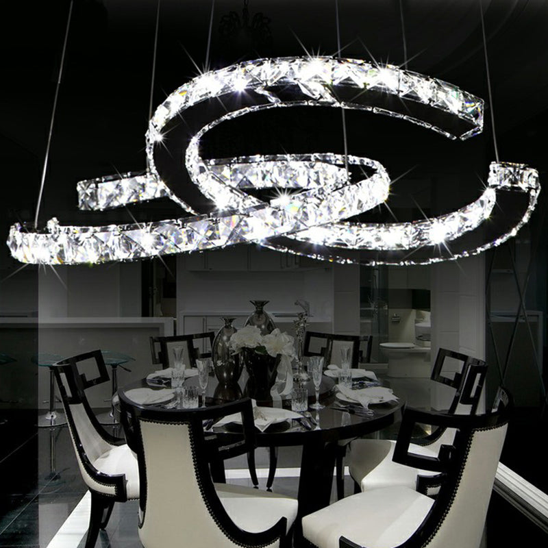 Minimalistic Led Pendant Chandelier With Crystal C Shape - Stainless Steel Ceiling Light