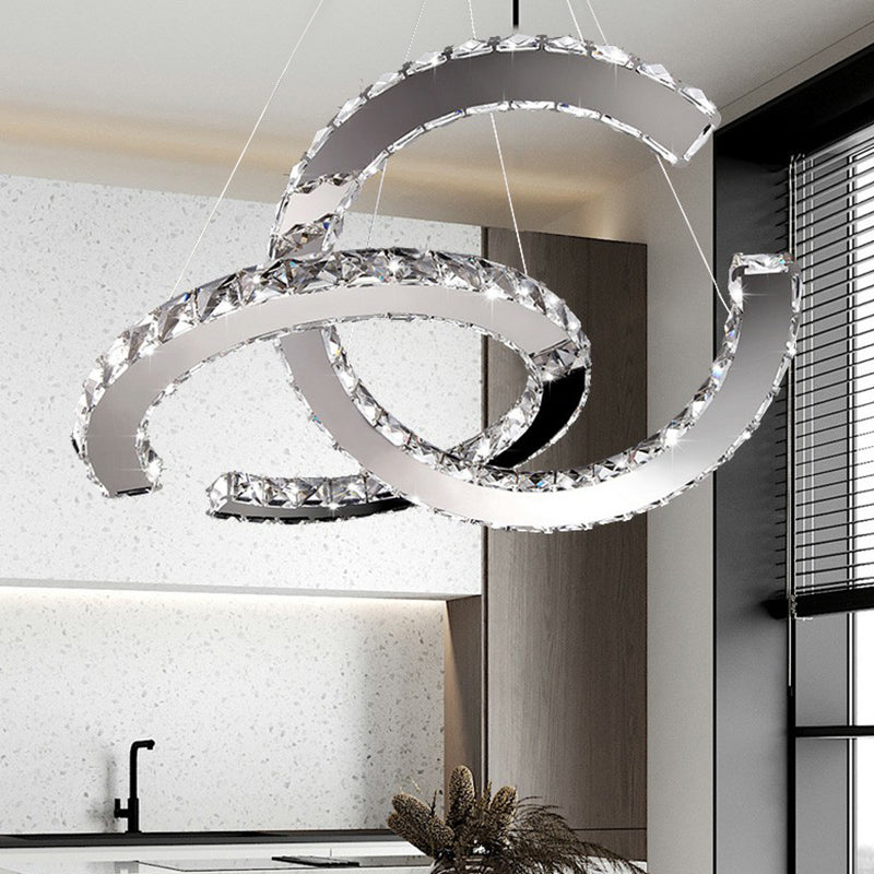 Minimalistic Led Pendant Chandelier With Crystal C Shape - Stainless Steel Ceiling Light