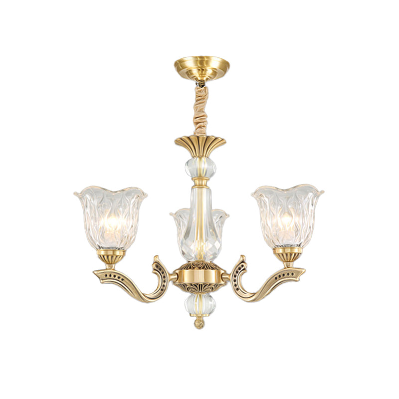 Antique Gold Scalloped Crystal Glass Chandelier With 3 Lights