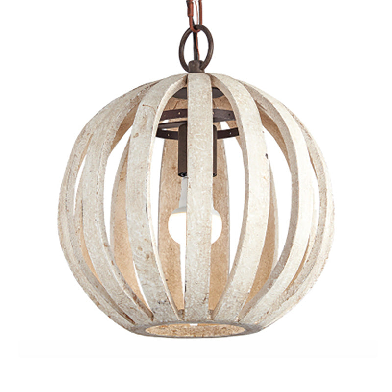 Rustic Wood Globe Cage Pendant Light For Living Room - White