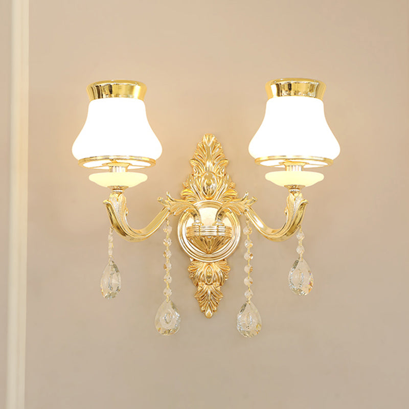 Gold Carved Arm Wall Sconce Light - Traditional Metal Bedroom With White Lampshade 2 / A