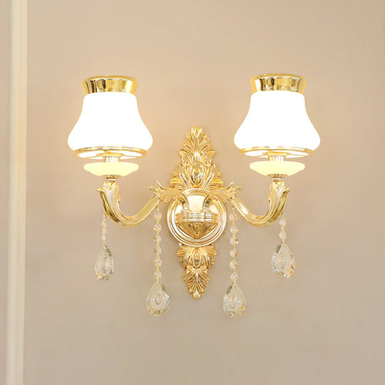 Gold Carved Arm Wall Sconce Light - Traditional Metal Bedroom With White Lampshade 2 / A