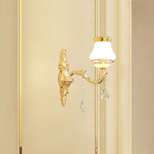 Gold Carved Arm Wall Sconce Light - Traditional Metal Bedroom With White Lampshade 1 / A