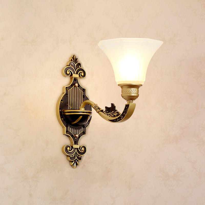 Gold Carved Arm Wall Sconce Light - Traditional Metal Bedroom With White Lampshade 1 / J