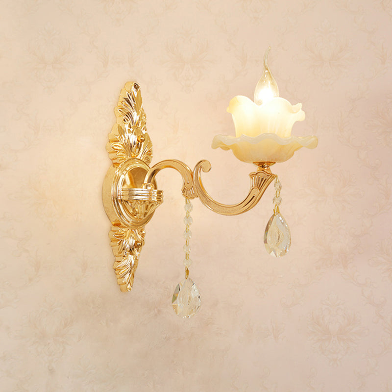 Gold Carved Arm Wall Sconce Light - Traditional Metal Bedroom With White Lampshade 1 / H