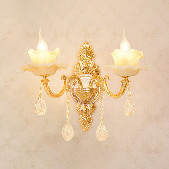 Gold Carved Arm Wall Sconce Light - Traditional Metal Bedroom With White Lampshade 2 / H