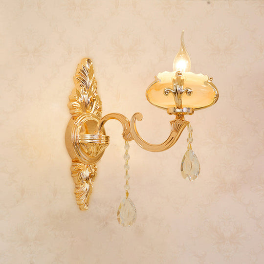 Gold Carved Arm Wall Sconce Light - Traditional Metal Bedroom With White Lampshade 1 / G