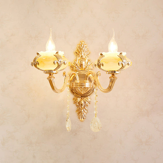 Gold Carved Arm Wall Sconce Light - Traditional Metal Bedroom With White Lampshade 2 / G